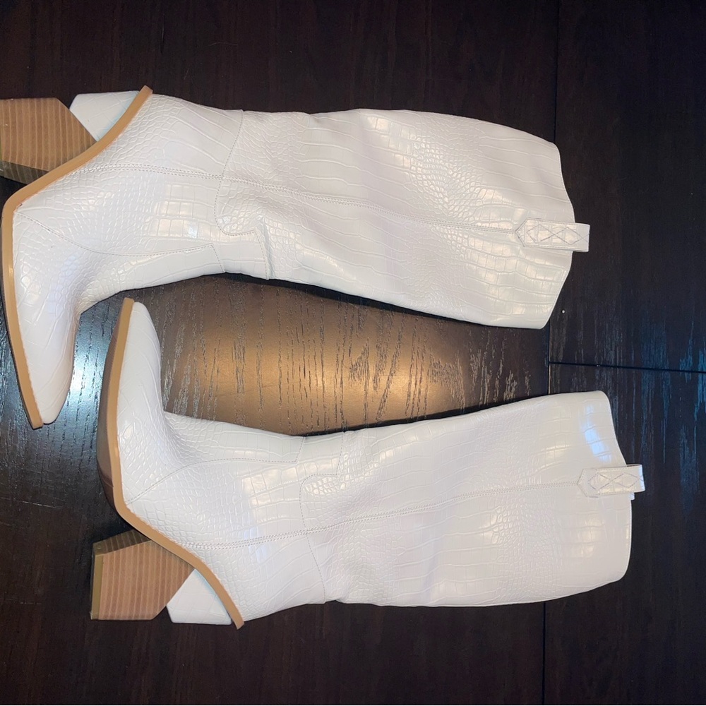 White Croc-Embossed Leather Boots